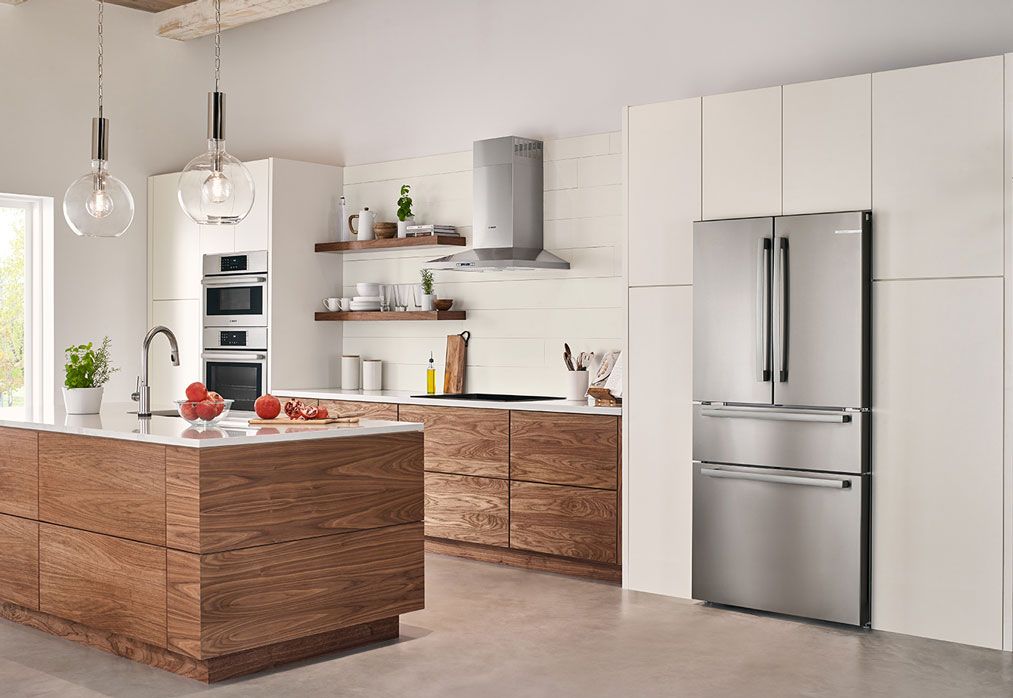 white and wood grain kitchen bosch appliances